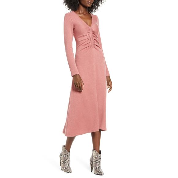 All in Favor Cinch Front Long Sleeve V-Neck Pullover Midi Sweater Dress Size M - Picture 1 of 6